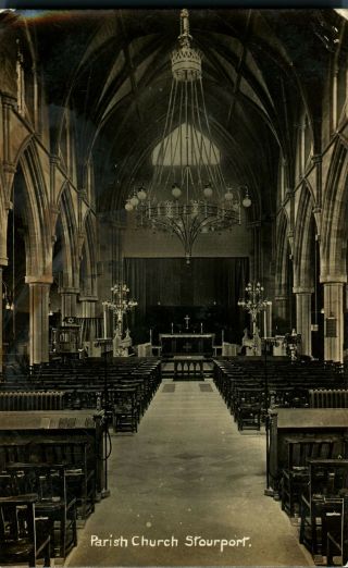 Parish Church Stourport Rppc Postcard Antique Real Photograph Gothic Light Fitti