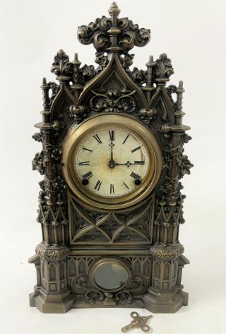 Rare Antique Waterbury Nicolas Muller Cast Bronze Cathedral Mantle Clock