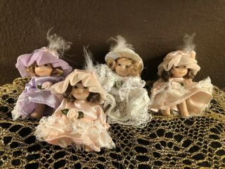 4 - Vintage Miniature Porcelain Jointed Dolls Lacey Dresses & Feathered Hats 3 "