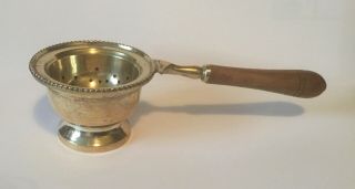 Antique Silver Plated Tea Strainer With Wooden Handle & Drip Bowl