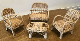 Vintage Barbie/sindy/fleur Rattan Furniture: 2 Chairs,  1 Sofa And 1 Table