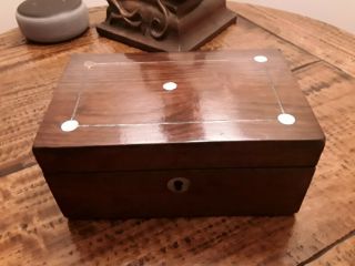 Vintage Old Wooden & Mother Of Pearl Inlay Jewellery Trinket Sewing Box