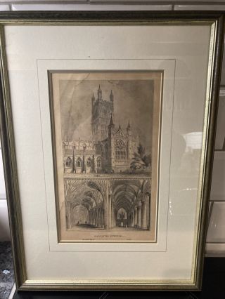 Vintage Antique Framed Print Of Gloucester Cathedral.