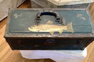 Rare Antique Primitive Solid Wood Hand Painted Fly Fishing Tool Tackle Box
