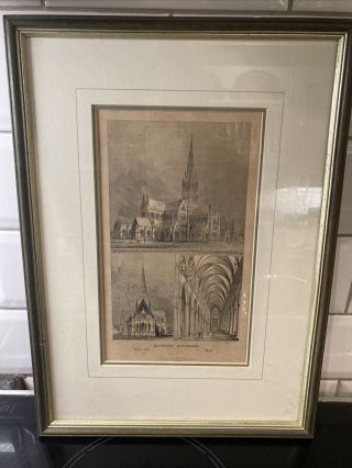 Vintage Antique Framed Print Of Salisbury Cathedral.