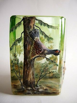 Moser Carlsbad Documented Relief Enamel Grouse Vase Green To Clear Rare Karlsbad
