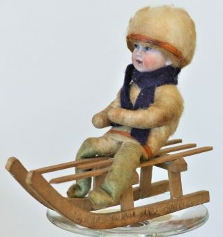 Rare Antique German Spun Cotton Heubach Bisque Doll Sled Christmas Tree Ornament