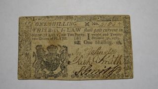 1763 One Shilling Jersey Nj Colonial Currency Note Bill Very Fine Rare