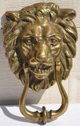 Large Vintage Solid Cast Brass Lion Head Figural Door Knocker Old Antique - Style