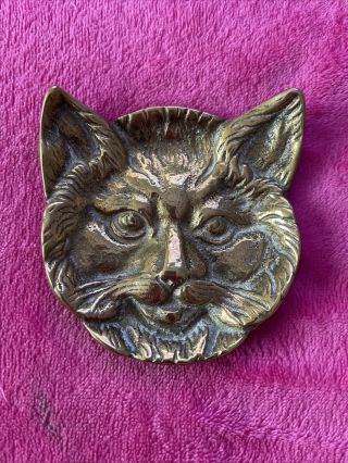 Vintage Cat Face Brass Trinket Coin Pin Dish Ashtray Tray Kitten Head Jewellery