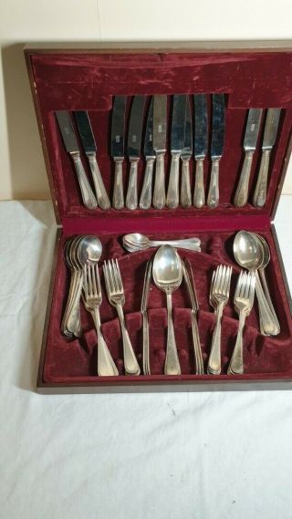Vintage Silver Plate Epns Cutlery Set - In Brown Hinged Lined Box - 225