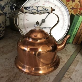 Vintage Copper Brass Ceramic White Blue Floral Handle Teapot Kettle