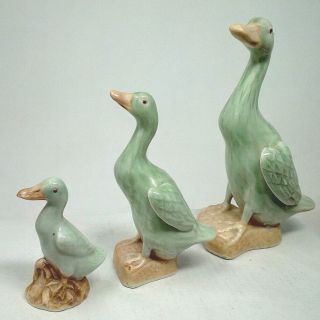 3x Vintage Chinese Celadon Green Ceramic Duck Figures Family