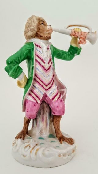Antique Dresden Hand Painted Monkey Band Bugle Player Figurine 2