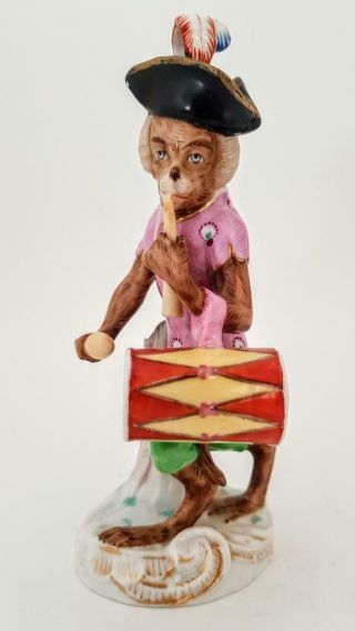 Antique Dresden Hand Painted Monkey Band Drummer Player Figurine 1