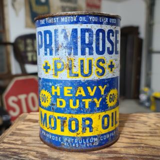 Vintage Rare Primrose Motor Oil Can 1 Qt Quart Metal Tin Empty Can Prim Rose
