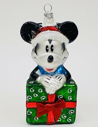 Rare Disney Mickey Mouse With Gift Blown Glass Christmas Ornament Vintage 4.  5”