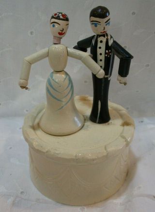 Rare Vintage " Victorian Bride & Groom " Wood Push Button Puppet Toy Cream & Black