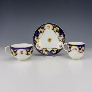 Antique English Porcelain - Flower Painted - Cobalt Blue Gilded Two Cup Trio