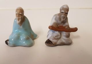 Seated X 2 Chinese Clay Mud Men Figures Figurines Use For Bonsai / Fish Tank.