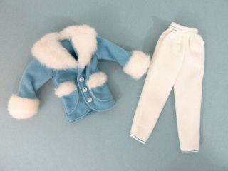 Vintage Barbie Doll Clothes - Winter Blue Jacket & Pants - White Fur - Pink Tag