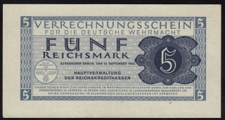 1944 5 Reichsmark Germany Wehrmacht Rare Nazi Wwii Money Swastika Banknote Unc