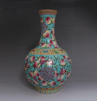 Old Rare Chinese Famille Rose Porcelain Peach Vase Yongzheng Marked 35cm (e13)
