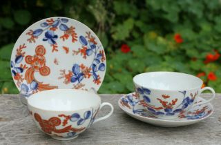 2 Antique Chinese Cups And Saucers Handpainted Blue Red Pattern Oriental