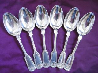 Lovely Antique Victorian Set Of 6 Silver Plated Shell & Fiddle Dessert Spoons 2