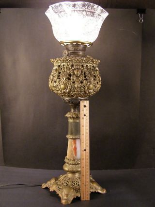 Rare 19 C B & H Marble Column Banquet Parlor Shade Oil Lamp Figure Cherub Angel