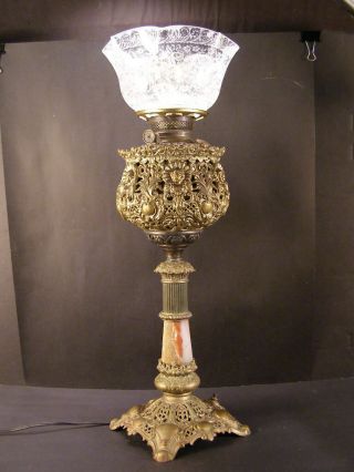 RARE 19 c B & H Marble Column Banquet Parlor Shade Oil Lamp Figure Cherub Angel 2