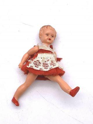 Vintage Plastic Mini Dollhouse Toddler Girl Doll Red Dress