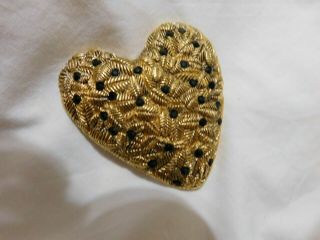 Vintage French Signed Poggi Paris Black Stone Encrusted Heart Pin Brooch 21/4 "