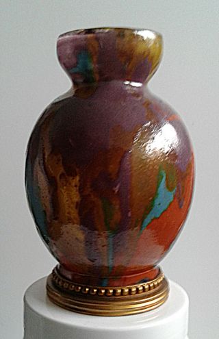 Rare Antique French Glass Vase Copper Gilt Mounted Base Henri Quenvil Paris