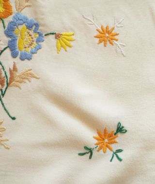 Vintage 1920s 30s Hand embroidered cream cotton cushion cover Bright floral 3