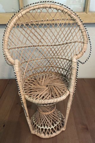 Vintage Peacock Wicker Doll Bear Plant Chair - Boho Rattan Decor - 16” Flaw