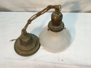 Vtg Deco Brass Ceiling Hanging Light Fixture With Glass Shade Parts Repair
