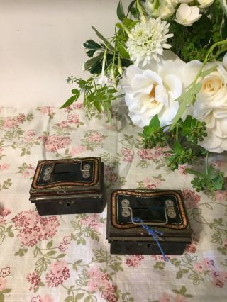2 X Old Vintage Antique Miniature Tin Cash Boxes Black Dibro Regd England No Key