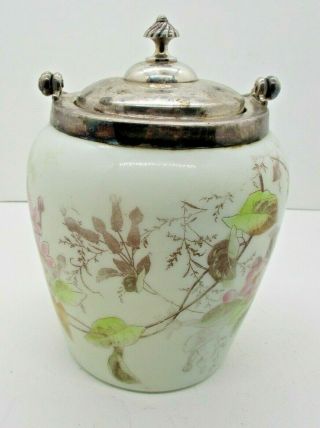 Hand Painted Floral Milk Glass Silver Plated Lid Biscuit Jar