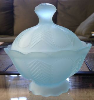 ❤️vintage Imperial Glass Rare Blue Frosted Lidded Candy Dish Stamped Lovely❤️