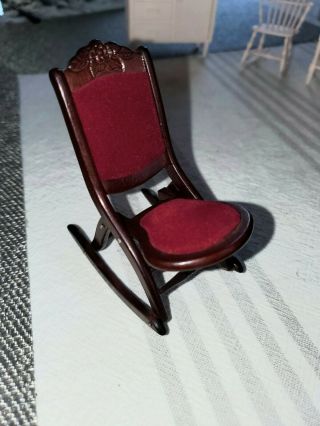 Vintage Wood Dollhouse Folding Rocking Chair Furniture Carved Flower - Red Velvet