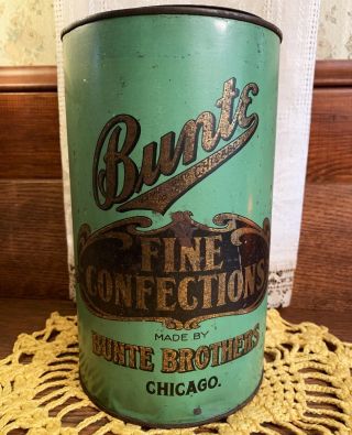 Large Antique Bunte Fine Confections Candy Tin Can,  Old Merchandise Memorabilia