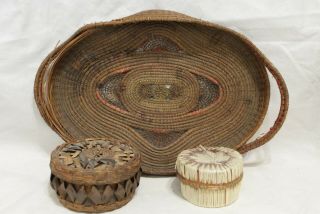 Vintage/antique Native American Basket,  Quill Box & Tray In Need Of Tlc