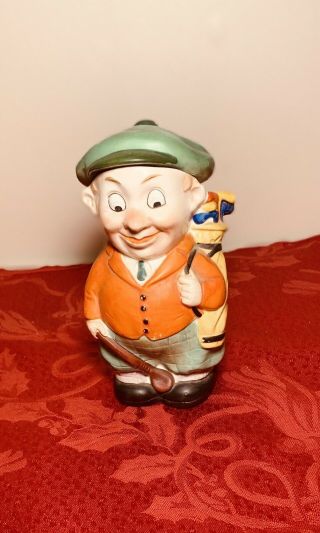 Very Rare Antique Hand Painted German Google - Eyed Porcelain Boy Golfer With Lid