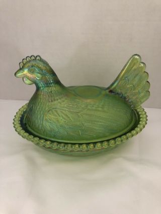 Rare Indiana Glass Co.  Lime Green Iridescent Hen On A Nest