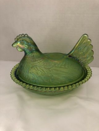 Rare Indiana Glass Co.  Lime Green Iridescent Hen On A Nest 2