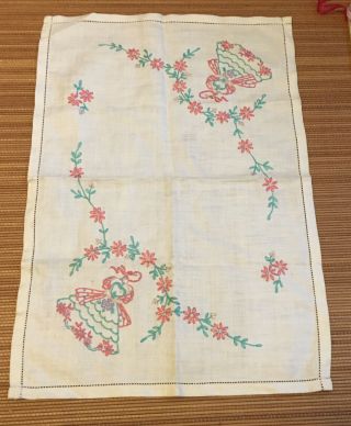 Lovely Vintage Linen Hand Embroidered Tray Cloth Lady Crinoline Pink Flowers
