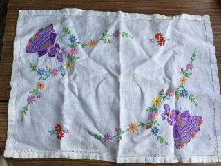 Vintage Hand Embroidered Crinoline Lady Table Linen Sampler