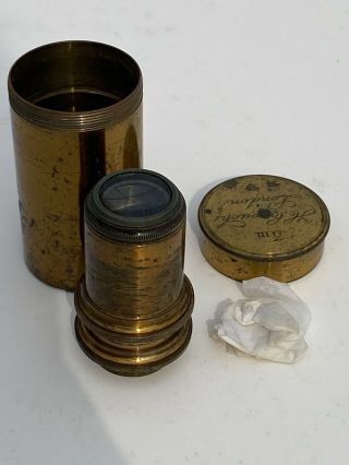 Antique Brass Microscope Lens H.  Crouch London 3in With Brass Tube