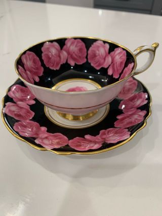 Rare Paragon Double Warrant Pink Rose On Black Tea Cup & Saucer A1134